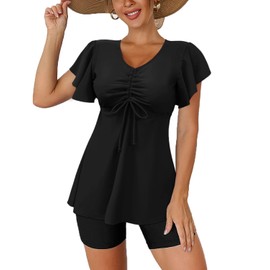 Fanuerg - Traje de baño tankini para mujer, con volantes, con pantalones cortos, control de abdomen, dos piezas, Negro -, M