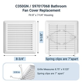 White Plastic Bathroom Vent Fan Cover (C350GN) with Springs, Compatible with Broan-NuTone 695 & 696N, Wall-Mount Exhaust Fan Grille, 8.75" x 9.125" (1 pack)