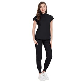 Meichoon Medical Scrubs for Women Standing Neck Top Tapered Drawstring Jogging Pants Sweat Absorbent and Quick Drying DK55Black XXL