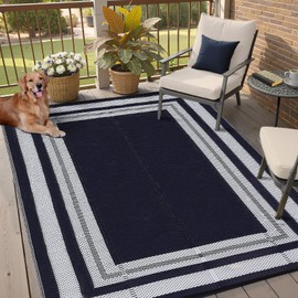 HarmonyHealth Outdoor Rug for Patio Plastic Straw Rug 9x12 Waterproof Reversible Patio Mat for RV Modern Area Rugs for Outside Camping Picnic Backyard Deck Balcony Porch Beach, Navy and White