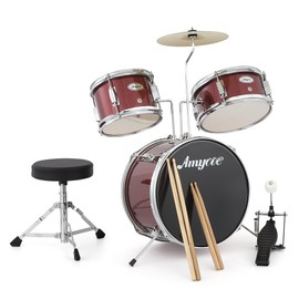 3 Piece Kids Drum Set with Cymbal, 2 Drumsticks, Pedal, 2 Tom,Beginner Junior Drum Kit with Throne Stool, Musical Instruments for Boys and Girls, Red