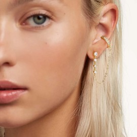 LOYATA Dangle Chain Earrings for Women-Dainty Gold Cubic Zirconia Chain Stud Earrings With Ear Cuff 14K Gold Plated/925 Sterling Silver Post Hypoallergenic Wedding Everyday Ear Jewelry Set Gifts