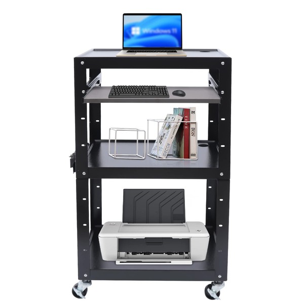 AV Cart on Wheels, Height Adjustable Top Shelf & Pullout