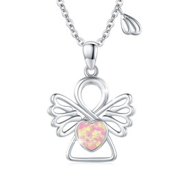 OHAYOO Guardian Angel Necklace 925 Sterling Silver Moonstone Angel Caller Necklace with Pendant Christening Chain Girls Moonstone Opal Jewellery for Girls Women, Regular, Sterling Silver, Created Opal