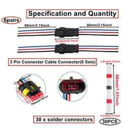 HUAZIZ 3 Pin Cable Connector Plug, 6 Sets Waterproof Plug Cable Connector with Cable 20 AWG Marine for Car Truck Kayak Boats Scooter Motorcycle, with 30 Pieces Solder Connector