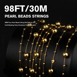 98FT Pearl Beads String Garland, 8mm 3mm Gold Faux Pearl Beads Roll Strand Bulk for Wedding Party Flower Christmas Decoration DIY Craft