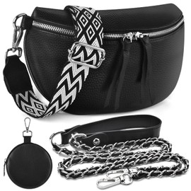 BROTOU Genuine Leather Crossbody Bag with Adjustable Wide Strap, Chain Strap & Small Cosmetic Bag, Large Capacity Shoulder Bag for Ladies Girls Travel Shopping Daily Use (Black)
