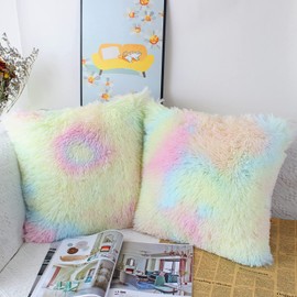 OYIMUA Set of 2 50 x 50cm Faux Fur Fluffy Cushion Covers Soft Throw Pillow Case 20x20 Rainbow Decorative Square Plush Pillowcase for Livingroom Sofa Bedroom