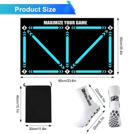 Football Training Mat 60 * 90cm Large, with a Pair of Anti-slip Socks and Organizer Bag, Football Mastery Training Mat for Improving Dribble, Non Slip Kid Soccer Footstep Training Mat for Indoor
