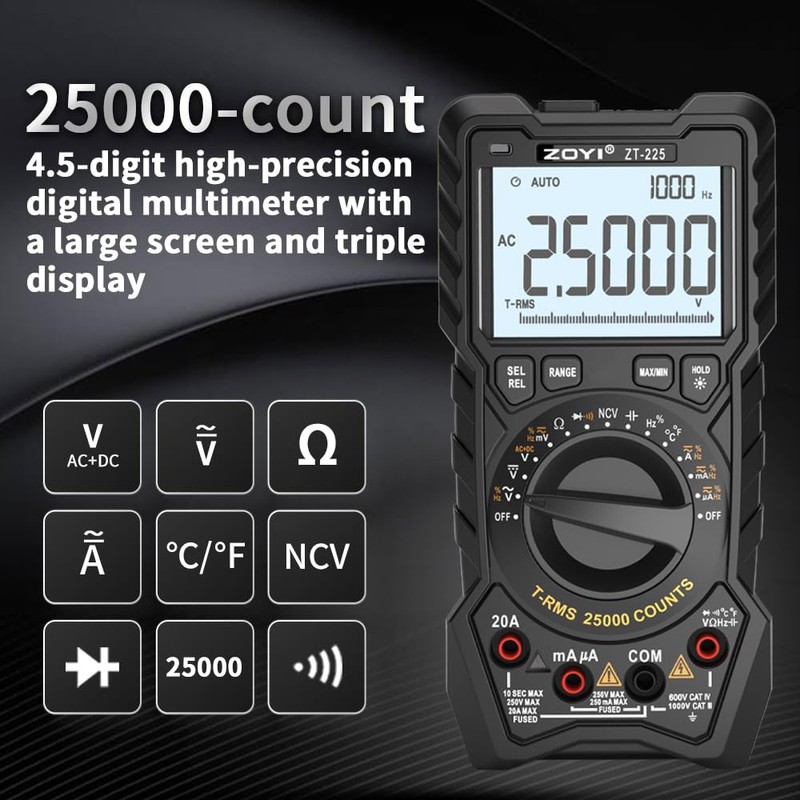 ZOYI ZT-225 Digital Multimeter, 25000 Counts, True RMS, Auto Range,