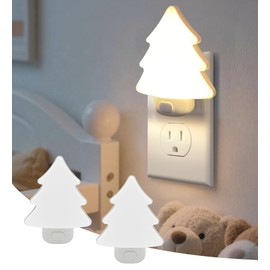 LED Night Light Christmas Tree Lights Plug Into Wall [2 Pack] with Manual On-Off, Dimmable Nightlights Warm/White Wall Art for Home Decor Bathroom Hallway Bedroom Kids Room Apartment, White