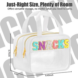 BuyCard Chenille Letter Clear Makeup Bags, Clear Snacks Bag for Travel, Preppy Patch Nylon Cosmetic Bag with Handles and Zipper, Waterproof Large Clear Travel Toiletry Bag Storage Bag for Women White