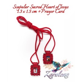 Sacred Catholic Mini Scapular Red Leather Handmade of Sacred Heart of Jesus, Sacred Virgin of Carmen, Sacred Virgin of Guadalupe and St. Michael Archangel. 1.3cm x 1.5cm by Zaraleas