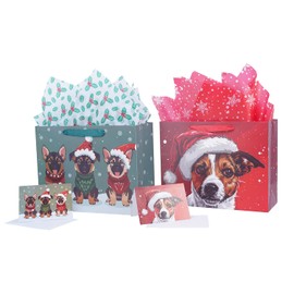 Linelglobal Christmas Gift Bag with Wrapping Tissue Dog Xmas Holiday 2 Pack 12.6"
