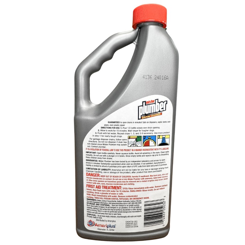 Mister Plumber Professional Formula Drain Opener, 32 Fl Oz "No-Glug"