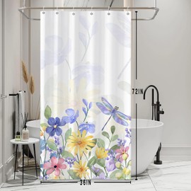 Bovlleetd Small Blue Floral Shower Curtain Spring Botanical Watercolor Flower Nature Plant Shower Curtain for Bathroom Dragonfly Art Decorative Shower Curtain Set with Hooks 92 x 183 cm