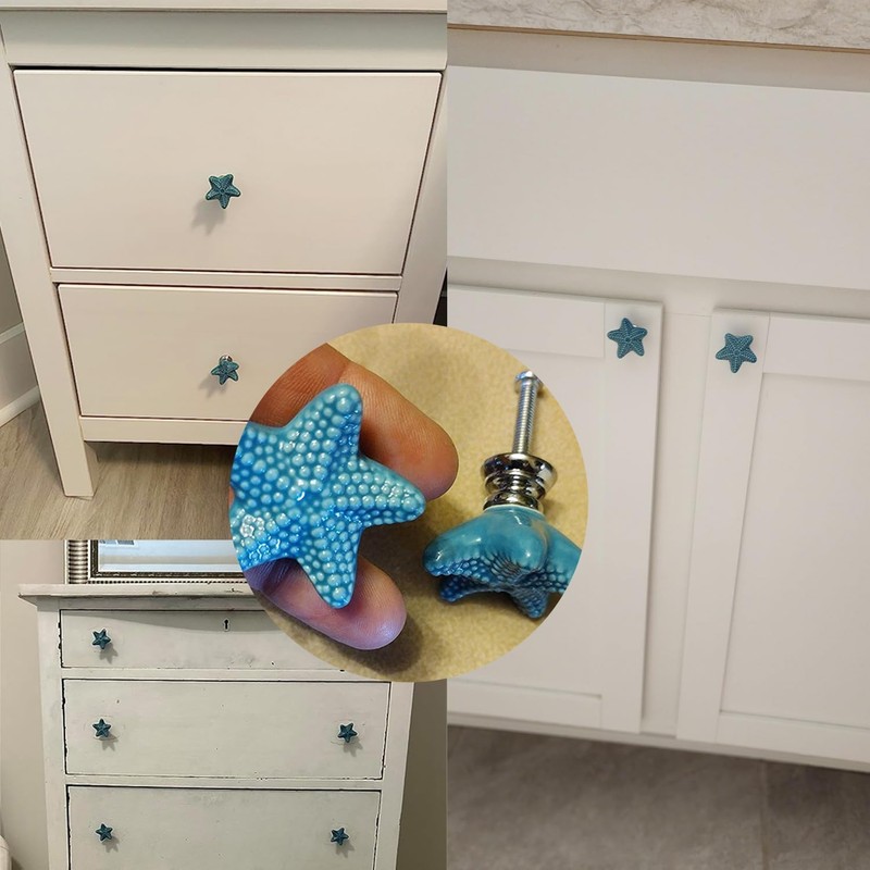 Seaside Themed Starfish Drawer Knobs Set of 4, 3.4cm Blue