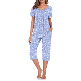 TAOHUADAO Women's Pajamas Set with Pockets Soft Capri Pants with Short Sleeve Top Ladies Sleepwear Plus Size Pjs Loungewear L, Spot Blue