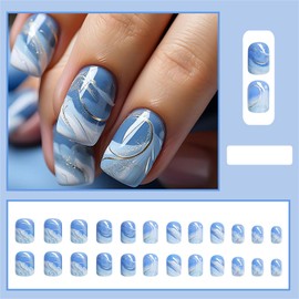 24 Pcs French False Nails - Beautiful Blue Press on Nails - Full Cover False Nails Square Stick on Nails - French Short Square Spring Summer False Nails Extensions for Women Girls