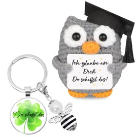 2 Paket Bestandene Prüfung Geschenk & Glücksbringer Prüfung, Eule-Puppe + Kleeblatt-Schlüsselanhänger - Perfekte Motivations-Geschenke für Prüfungen, Kleine Geschenke für Frauen Freundin Kollegen