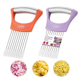 2PCS Onion Slicer Holder, JJOO Stainless Steel Onion Cutter for Slicing and Storage Onions, Tomato, Eggs and Vegetables, Protective Cover Included, Dishwasher Safe (Stylish orange+ Purple Color)