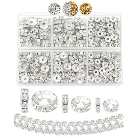 300pcs FIVEIZERO Rondelle Spacer Beads for Jewelry Making, 6mm, 8mm, 10mm Beads with Holes, Silver Rhinestone Beads for Beaded Pens, DIY Craft Supplies, Bracelets
