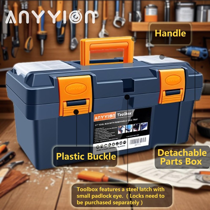 Anyyion 18-inch Tool Box with Removable Tray, Small Parts Box