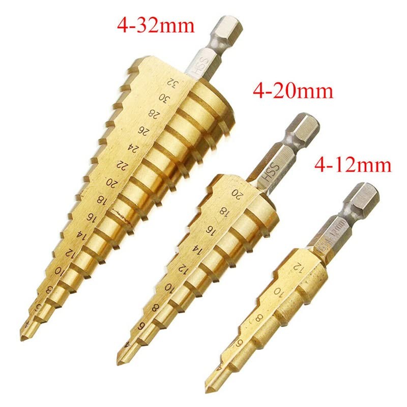 Large HSS 3pcs Steel Step Cone Drill Titanium Bit Set