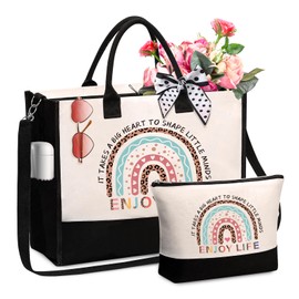 TOLOYE Tote Bag, Canvas Tote Bag Beach Bag with Zip Removable Strap, Handbags & Shoulder Bags with Makeup Bag, Gift for Women, Women's Totes Large Tote Bag for School Work Travel Shopping (ENJOY)
