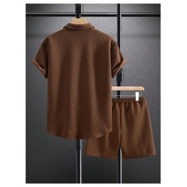 GORGLITTER Men's 2 Piece Outfits Waffle Knit Button Down Shirt Top and Shorts Set Coffee Brown Medium