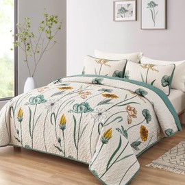 WONGS BEDDING Quilt Set King Size, Aqua Floral Printed Bedspread Bedding Sets, 3 Pieces Soft Lightweight Microfiber Botanical Coverlet Set for All Season (104"x90")