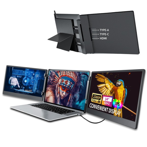 F-wheel Triple Laptop Screen Extender, 14" 1080P FHD IPS Dual
