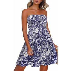 Sundresses for Women Casual Beach Summer Strapless Coverups Tube Tops Off The Shouder Dresses (Amoeba Navy,L)