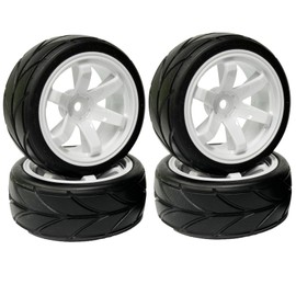 KINGCOO RC Car Tyres and Wheels Set, 4 Pieces 64 mm Rubber Tyres and 6 Spoke Rims Plastic Wheel 12 mm Hex for 1/10 RC On-Road Run-Flating Touring Racing Car (White)