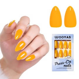 Glossy Press On Nails Medium Length, WOOYAS Almond Fake Nails Yellow Orange Glue On Nails Full Cover False Nails with Nail Glue Adhesive Tabs, 24Pcs Reusable Stick On Nails Kit for Women