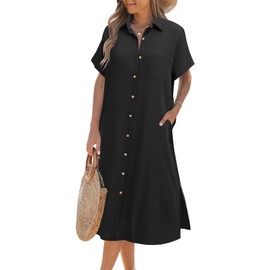 Zeagoo Summer Dresses Button Down Shirt Dress Cotton Dresses for Women 2025 Linen Black Midi Dress with Pockets Vacation Travel Black M