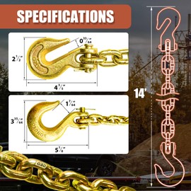Log Chain 3/8 Chain G80 Tow Chains with Hooks 14ft Heavy Duty Chain with Grab and Slip Hooks 7100lbs for Transporting Towing Tie Down 3/8In X 14 Ft) Yellow