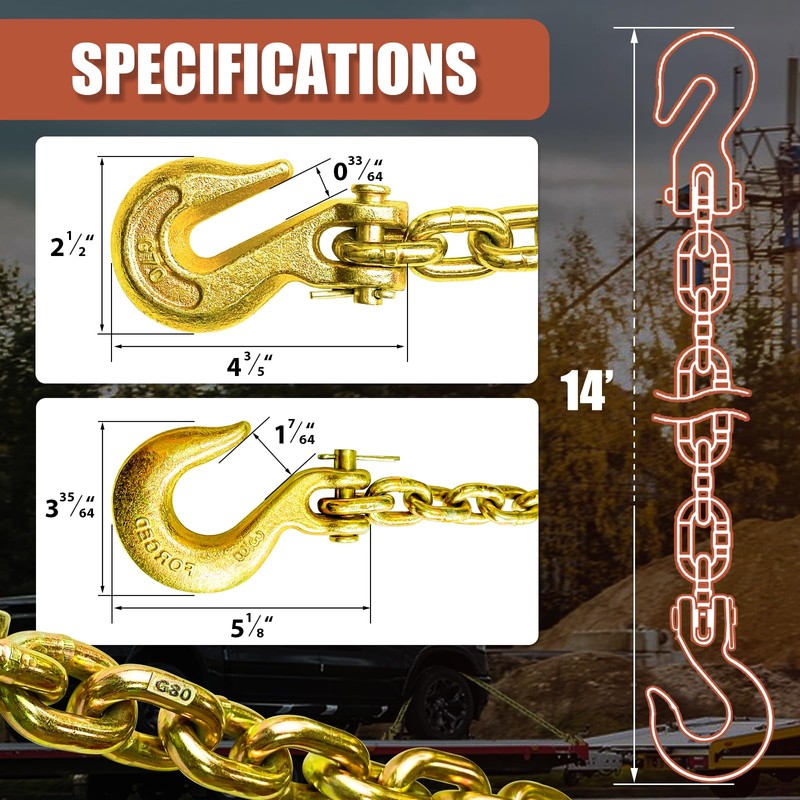 Log Chain 3/8 Chain G80 Tow Chains with Hooks 14ft