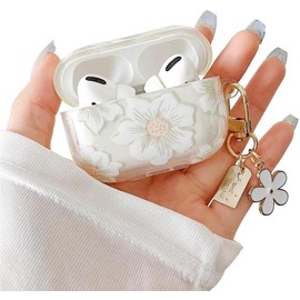 MINSCOSE - Funda transparente compatible con AirPods Pro 2, diseño de flores de dibujos animados con llavero floral, funda protectora de TPU suave a
