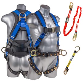 Palmer Safety Fall Protection Full Body 5 point Harness, Padded Back Support, Quick-Connect Buckle, Grommet Legs, 6' Lanyard, OSHA ANSI Industrial Roofing Tool Personal Equipment (Blue), 2X-Large