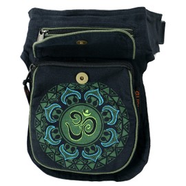 GURU SHOP Fabric Sidebag & Belt Bag Aum Mandala, Goa Belt Bag, Bum Bag - Green, Men/Women, Cotton, 25 x 17 x 4 cm, Festival Bum Bag Hippie, Black/green, Casual