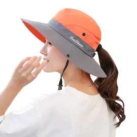 HGGE Sombrero de malla de verano para mujer, con visera ancha, protección UV, con agujero para cola de caballo, Anaranjado, Talla única