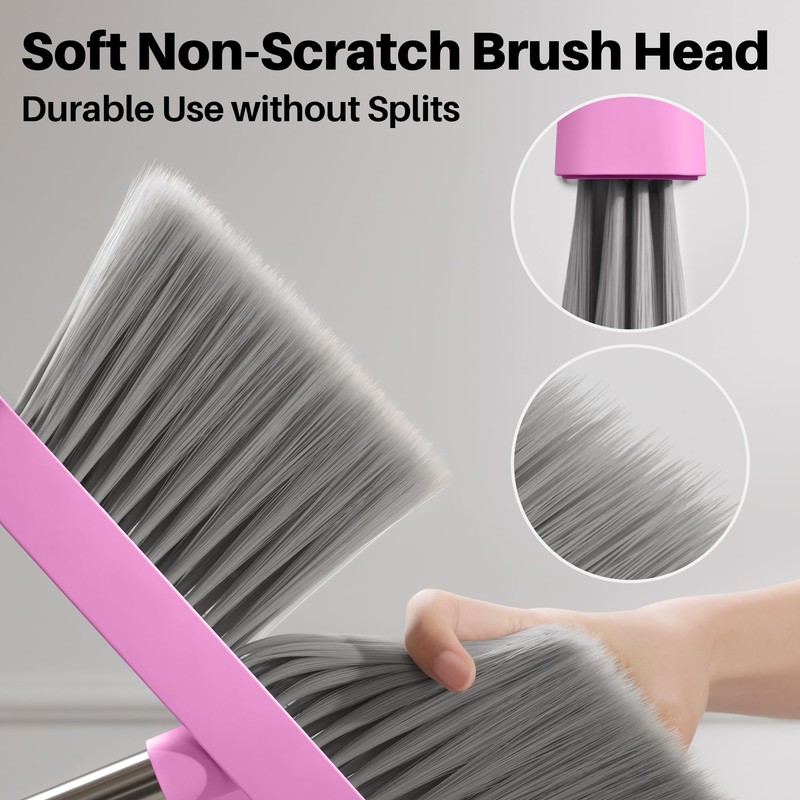 JOYMOOP Pink Broom and Dustpan Set, Upright Angle with Built-in