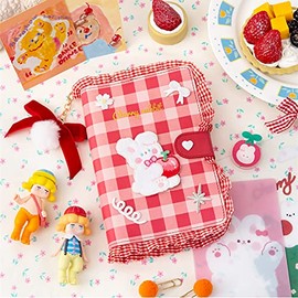 5.7 x 8.1 inches (145 x 205 mm) Checkered Lace Cute Notebook, Red Bow, Cartoon Pattern, Binder Notebook, Binder Notebook, System Notebook, Refill Paper, DIY Sticker, Cute Stationery, Refills,