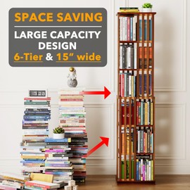 SpaceAid 6 Tier Rotating Bookshelf Tower, Bamboo Spinning Book Shelf, Revolving 360 Bookcase Storage Swivel Round Carousel, Vertical Rotate Turning Spiral Corner Organizer (6-Tier Walnut)