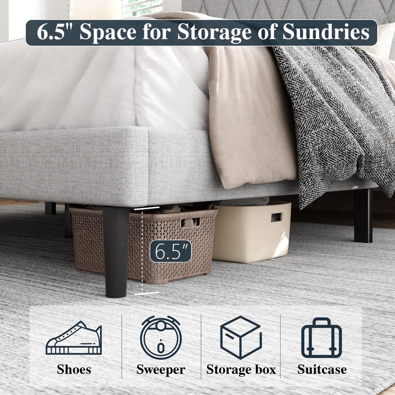 CXVX Full Size Bed Frame with Diamond Tufted Headboard, Linen