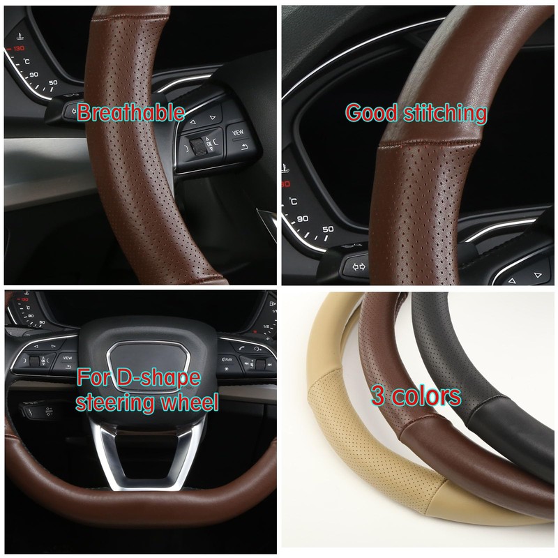 Cxtiy D Shaped Steering Wheel Cover, Genuine Leather Flat Bottom