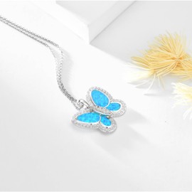 kissdove Blue Dainty Opal Butterfly Pendant Necklace - Sterling Silver Jewelry for Women with Adjustable 18-20 Inch Chain, Gift Box Included