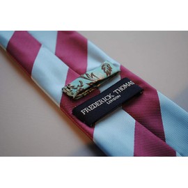 Frederick Thomas maroon and light blue barber striped tie with signature floral design to rear