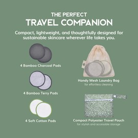 Greenzla Reusable Makeup Remover Pads Travel Set - 12 Pack Microfiber Cotton Pads, Dark Charcoal Cotton Rounds, and Bamboo Terry Face Wipes for All Skin Types with Mesh Laundry Bag and Travel Pouch